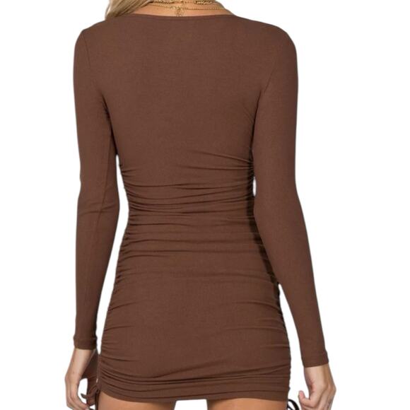 Princess Polly Brown Neive Long Sleeve Ribbed Ruched Mini Dress Size 6 - Picture 3 of 7